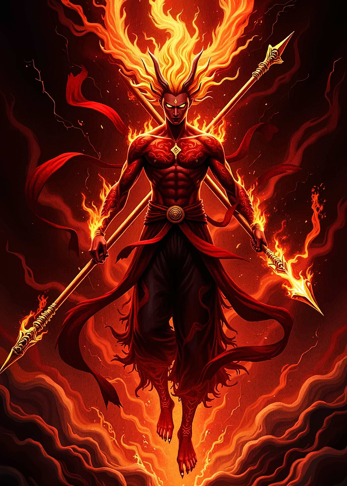 Fiery Warrior with Spears