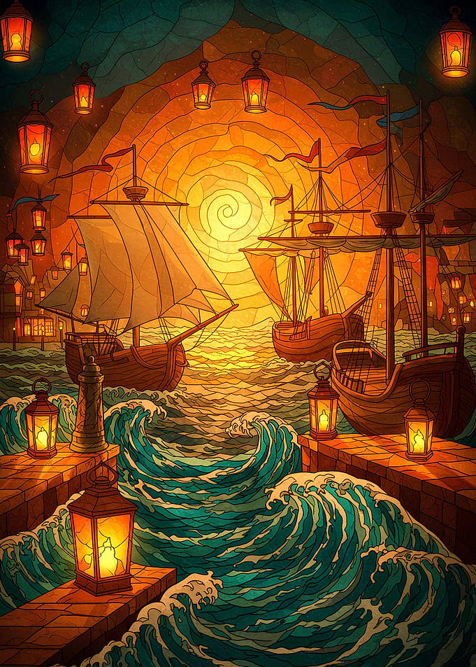 Stained Glass Harbor with Sailing Ships