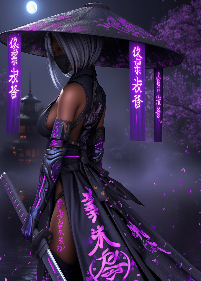 Cyberpunk Ninja with Katana in Japan