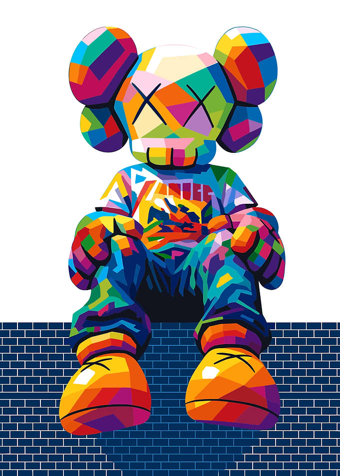 Colorful KAWS Figure on Brick Wall