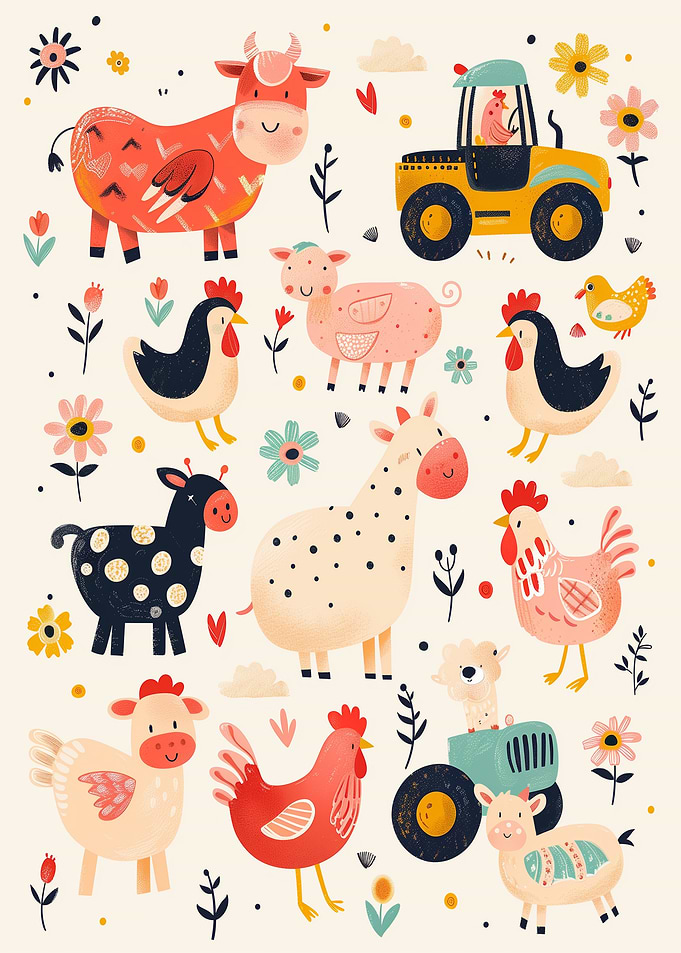 Cute Farm Animals and Tractor Illustration