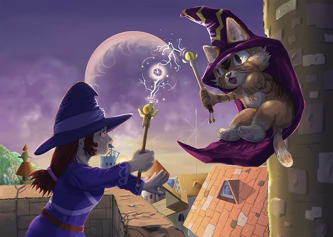 Wizard Duel with Cat and Girl