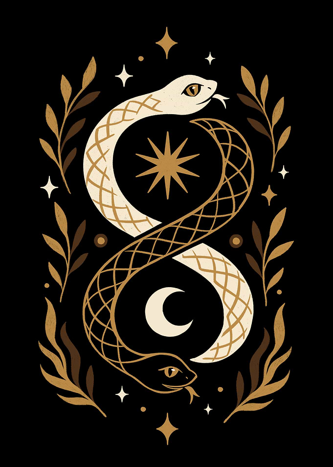 Ouroboros Snakes with Moon and Stars
