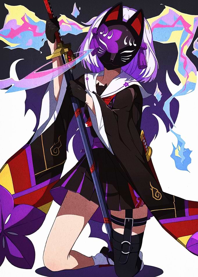 Anime Girl with Fox Mask and Katana