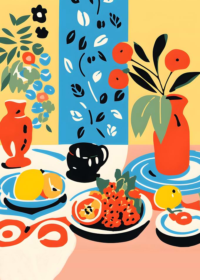 Colorful Still Life with Fruit and Flowers