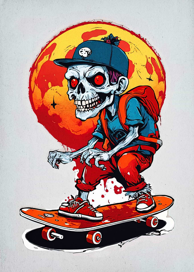 Zombie Skateboarder with Red Eyes