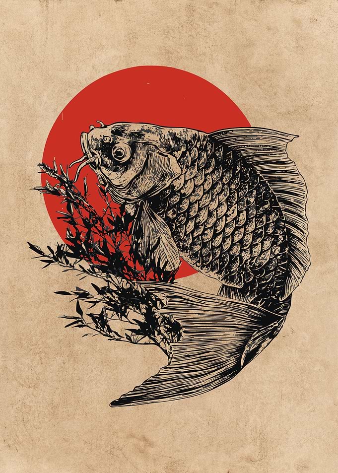 Koi Fish with Red Sun