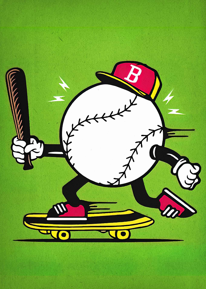 Baseball Character on Skateboard Illustration