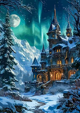Winter Castle Under Aurora Borealis