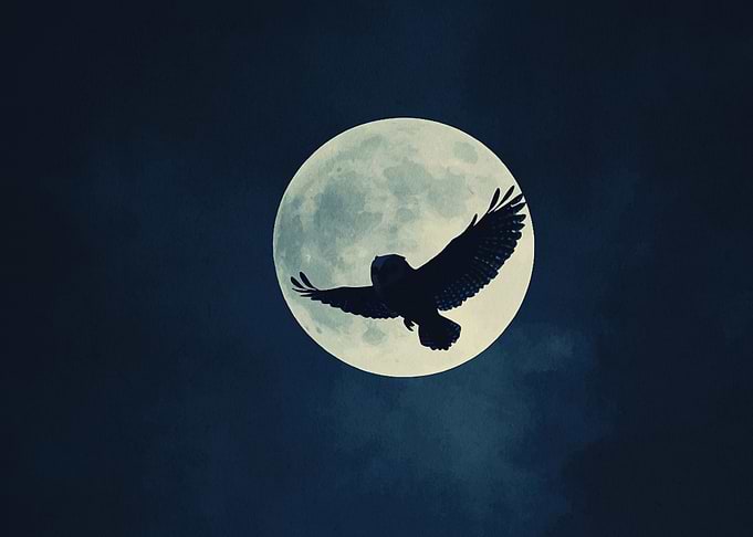 Owl in Flight Before the Moon
