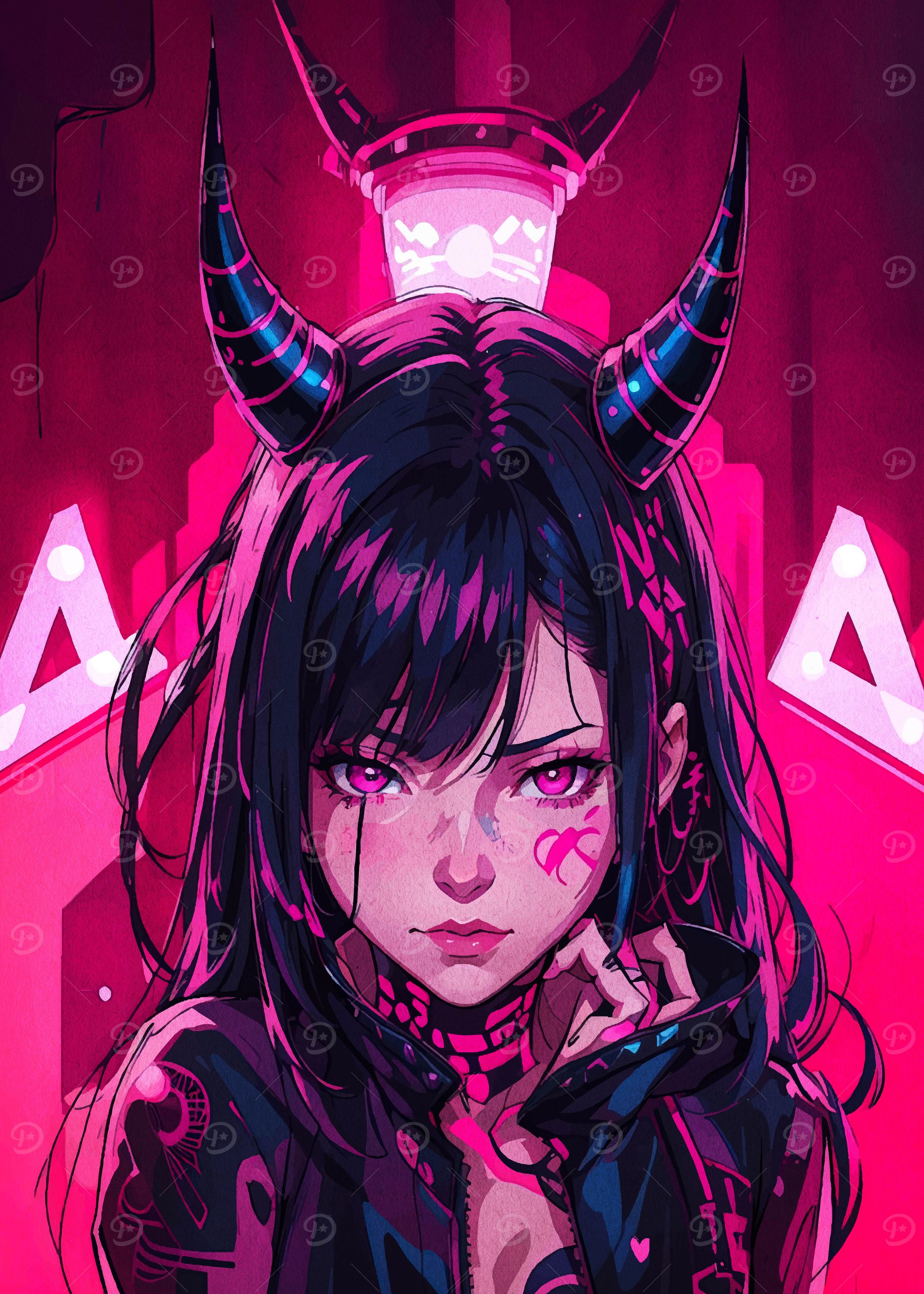 Anime Girl with Horns in Pink City