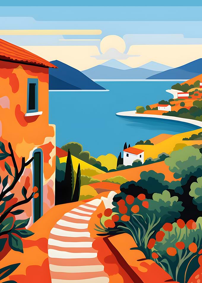 Mediterranean Coastal Landscape Illustration