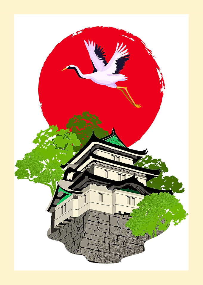 Japanese Castle with Crane and Sun