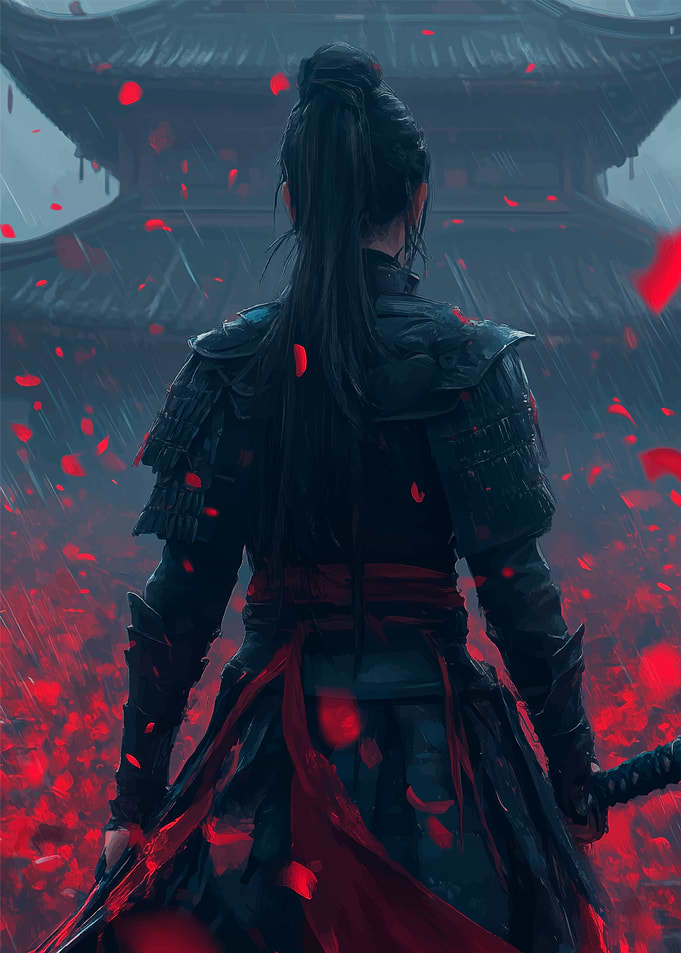 Warrior in rain of petals
