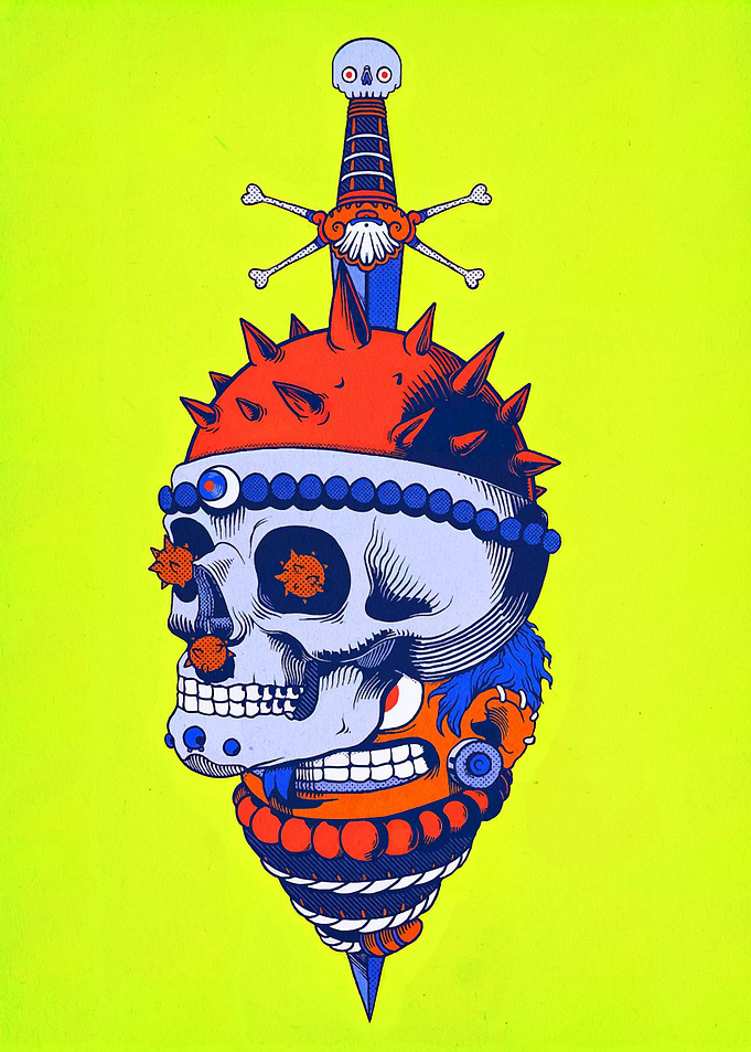 Skull and Sword Illustration on Green