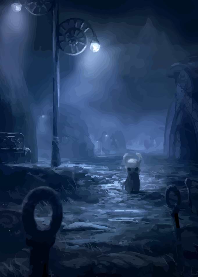 Hollow Knight in Blue Cityscape