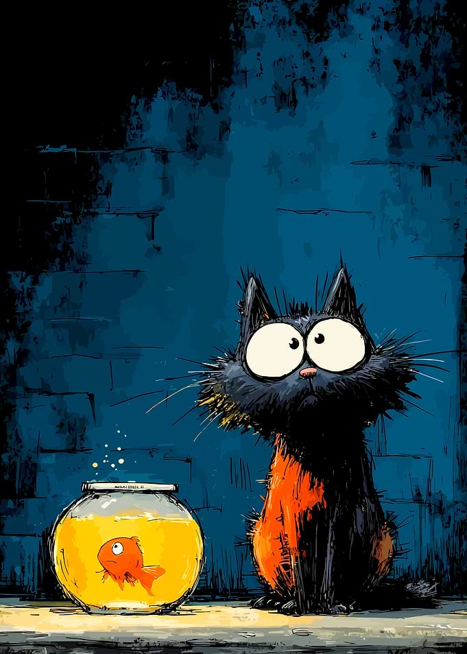 Cat Gazing at Goldfish