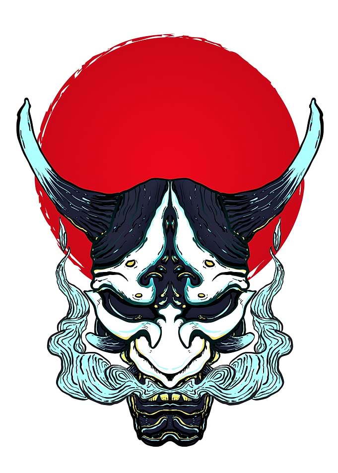 Japanese Oni Mask with Red Sun