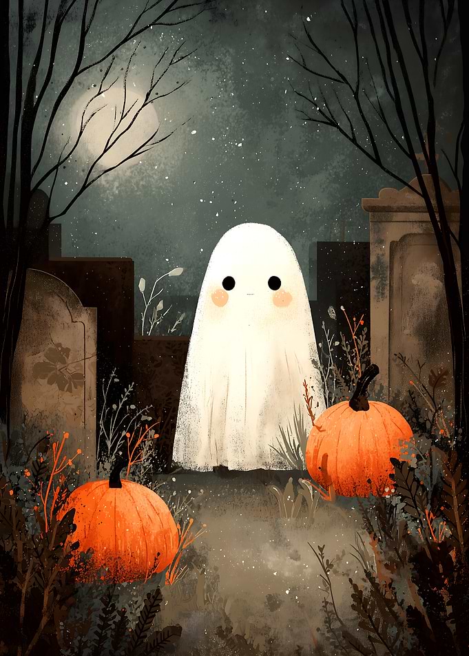 Cute Ghost in Graveyard with Pumpkins