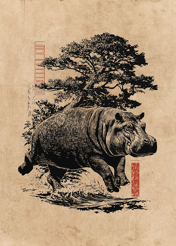 Hippopotamus Illustration with Tree and Text