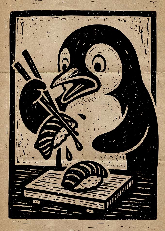 Penguin eating sushi woodcut illustration