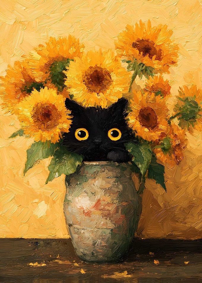 Black Cat with Sunflowers Painting