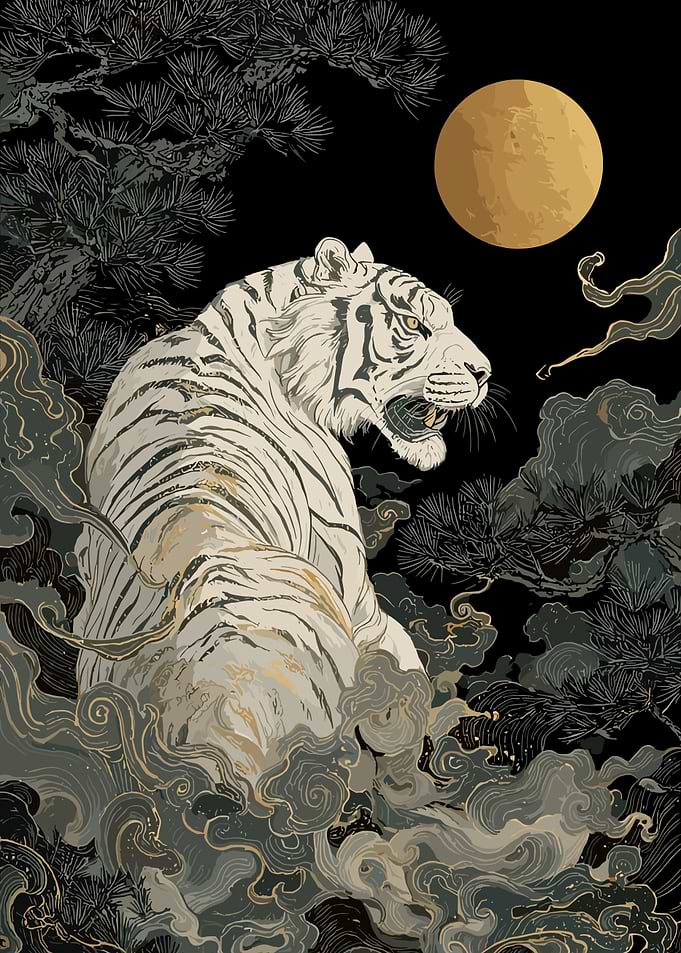 White Tiger with Moon and Clouds