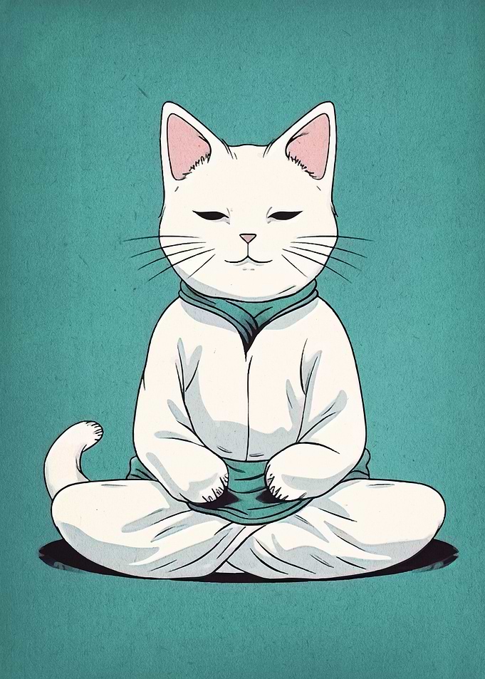 Meditating White Cat in Lotus Position