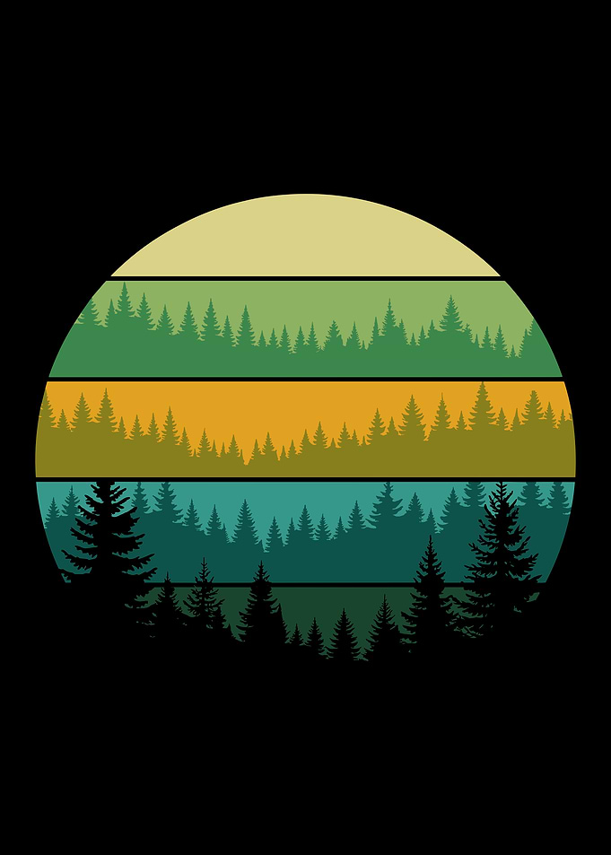 Retro Forest Landscape - green vintage retro sunset wildlife forest pine trees distressed silhouette cute design