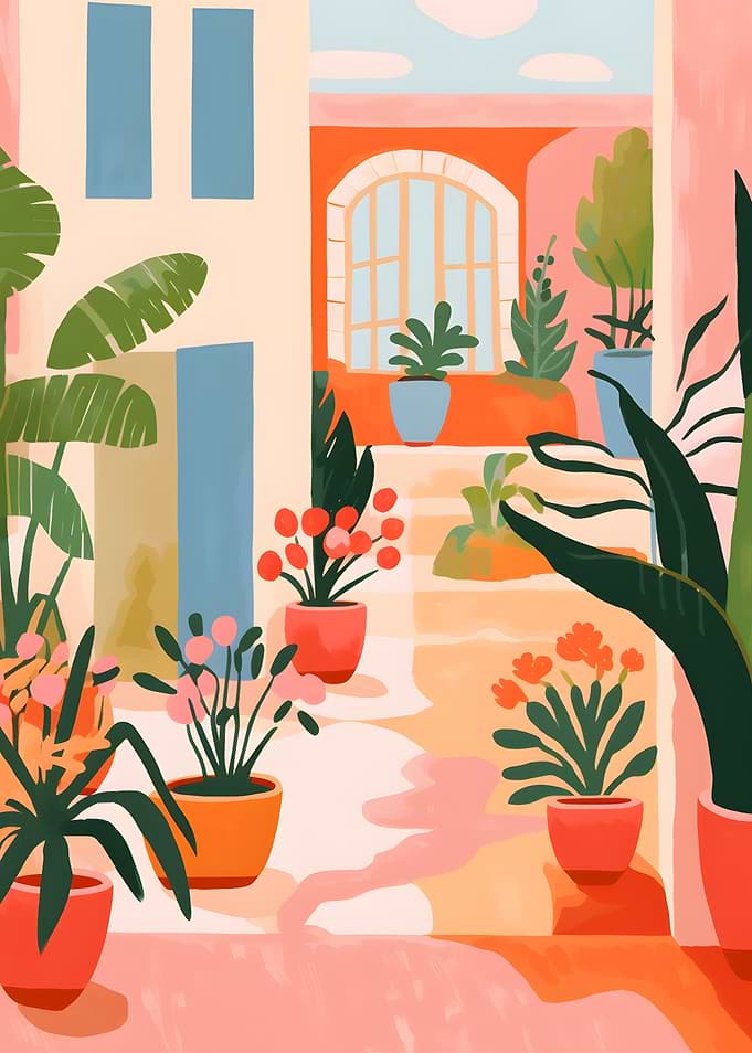 Courtyard with Potted Plants Illustration