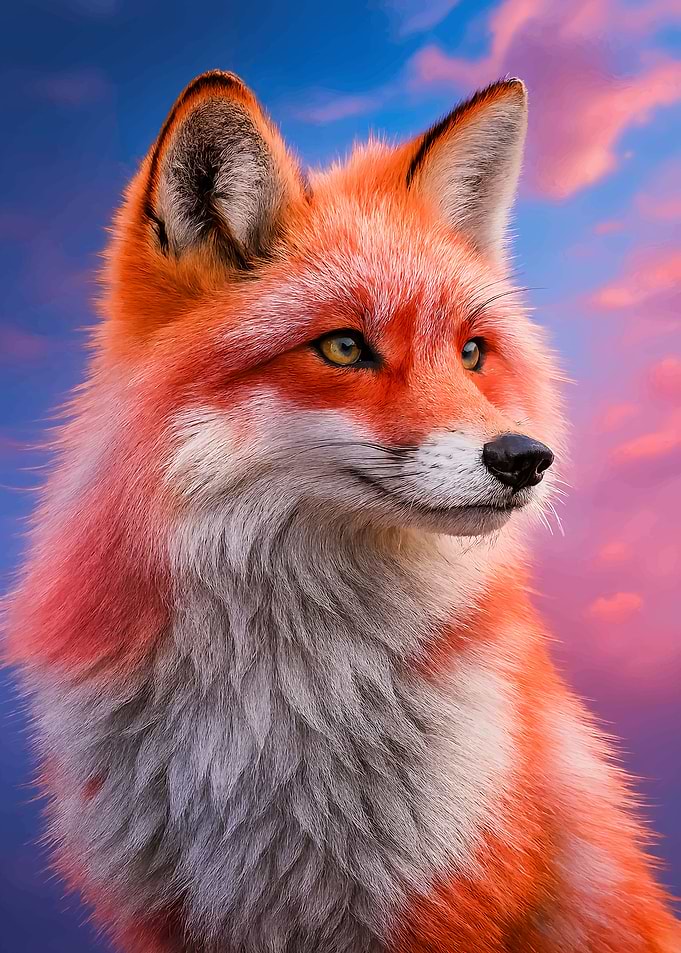 Fox portrait with colorful sky