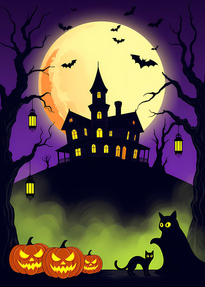 Halloween Night Spooky House Illustration