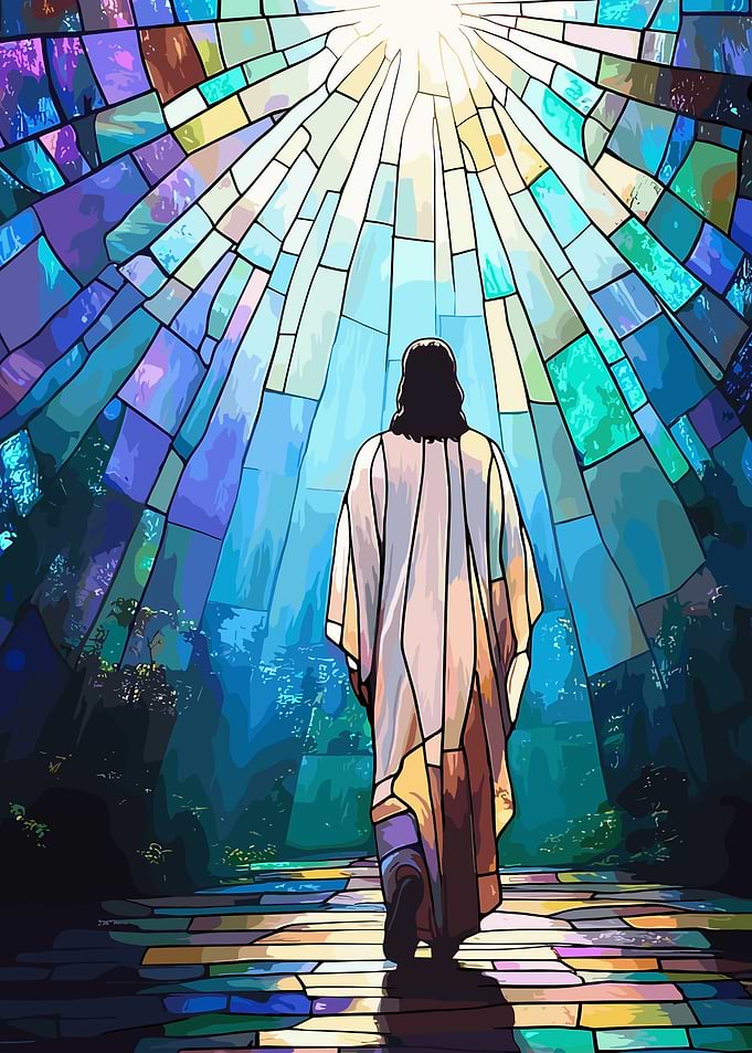 Stained Glass Jesus Walking to Light
