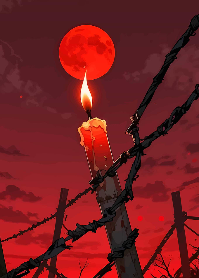Red Moon, Candle, and Barbed Wire