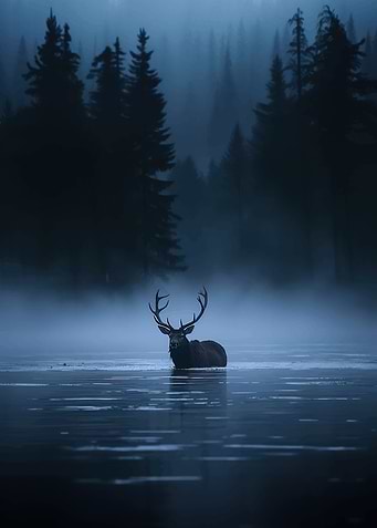 Majestic Deer in Misty Lake