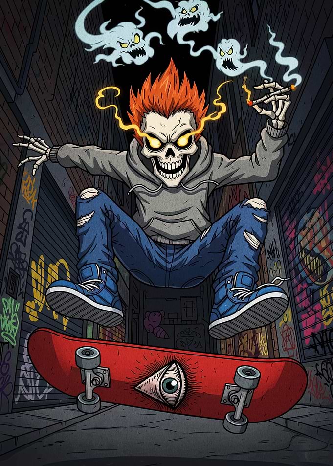 Skeleton Skateboarder with Ghosts