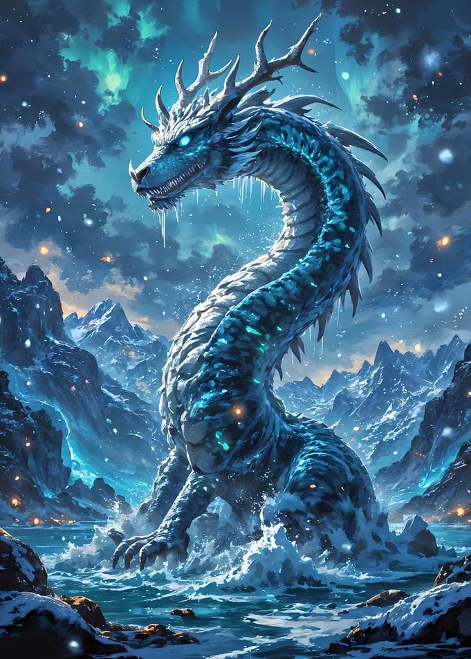 Icy Dragon in Winter Landscape