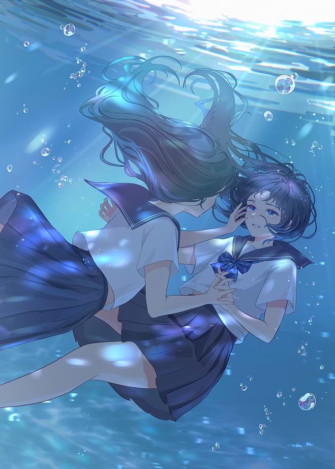 Underwater Embrace: Anime Girls in School Uniforms