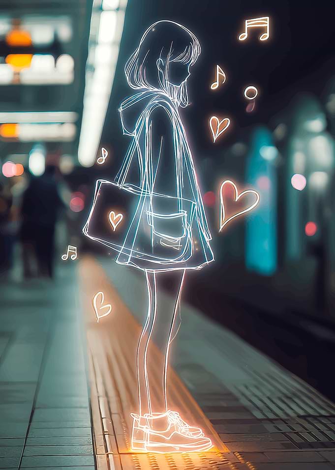 Neon Anime Girl at Train Station