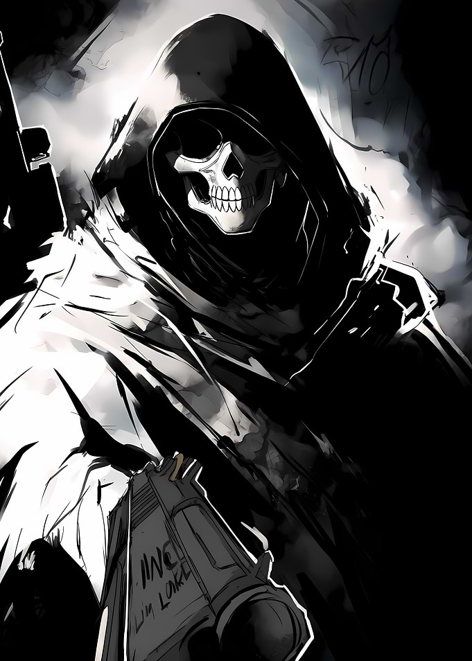 Grim Reaper with Guns Black and White
