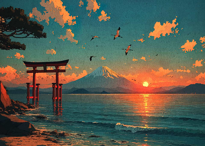 Mount Fuji Sunset with Torii Gate