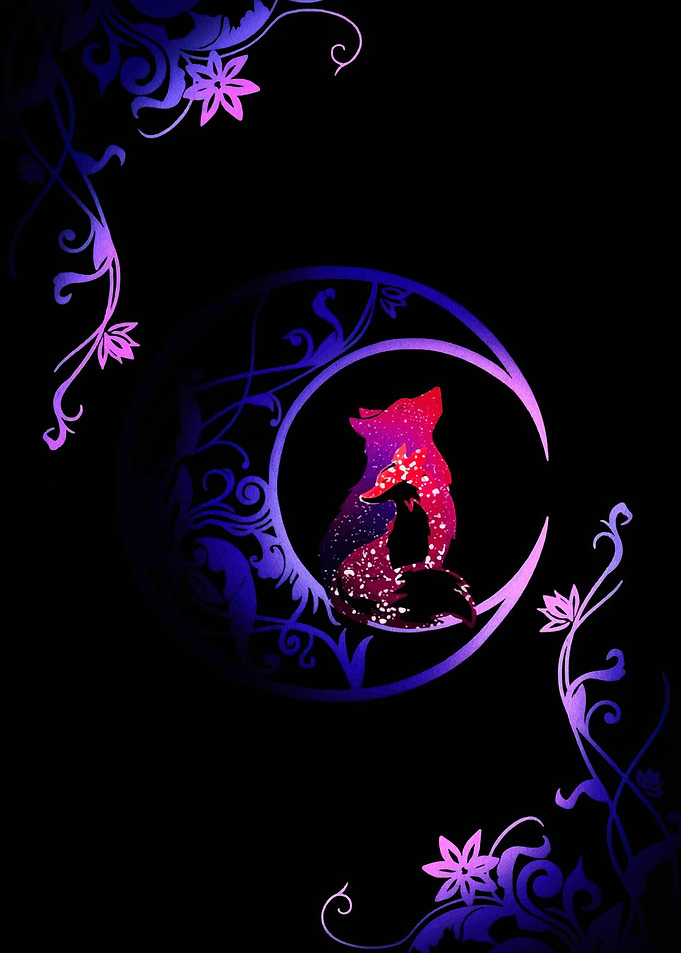 Fox and Wolf Silhouette in Crescent Moon