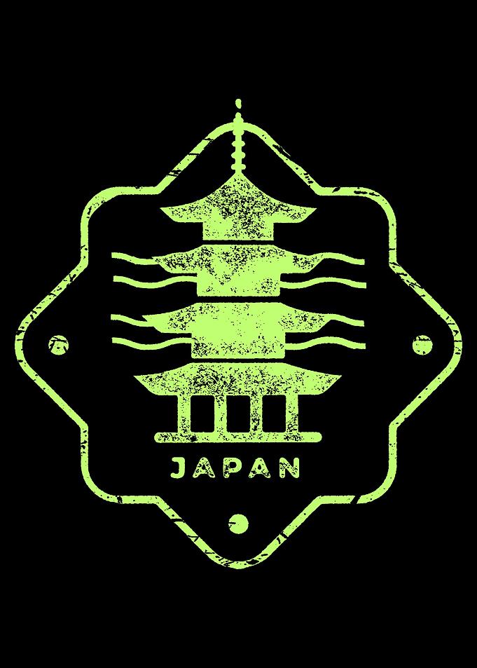 Japan Pagoda Green Stamp on Black