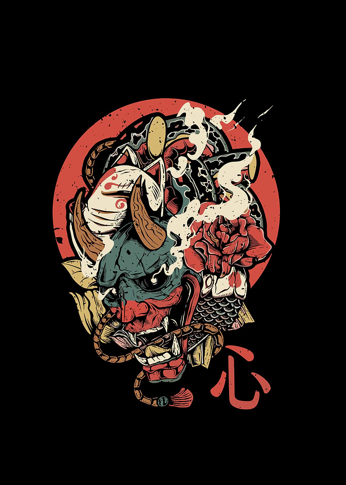 Japanese Oni Mask with Floral Design