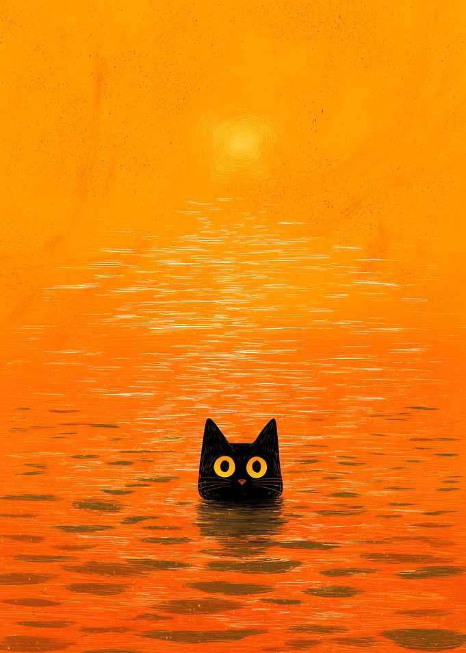 Black Cat in Orange Sea