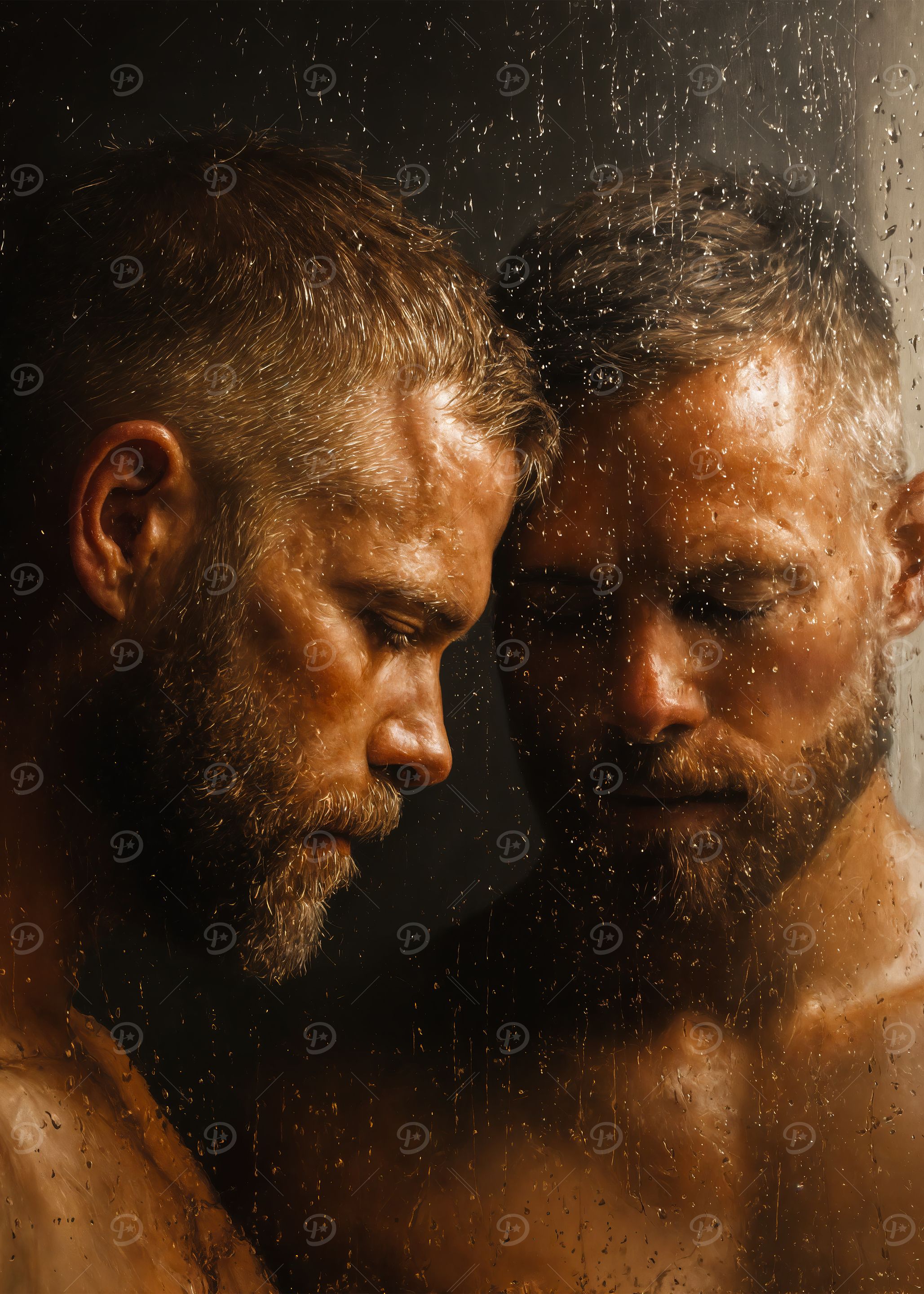 Two Gay men behind a wet glass