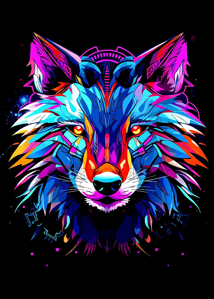 Colorful Wolf Portrait on Black Background