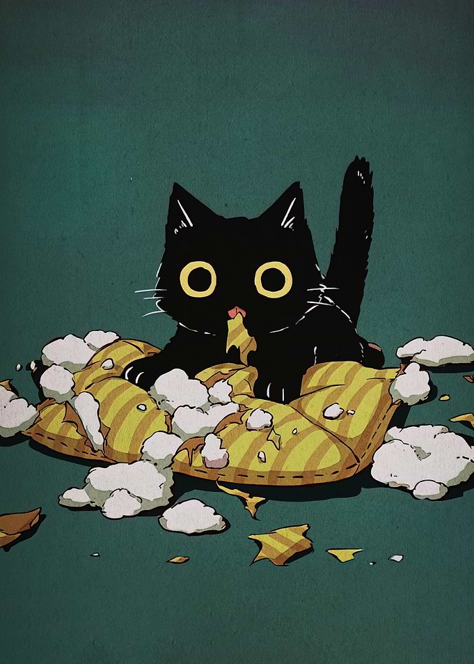 Mischievous Black Cat with Torn Pillow