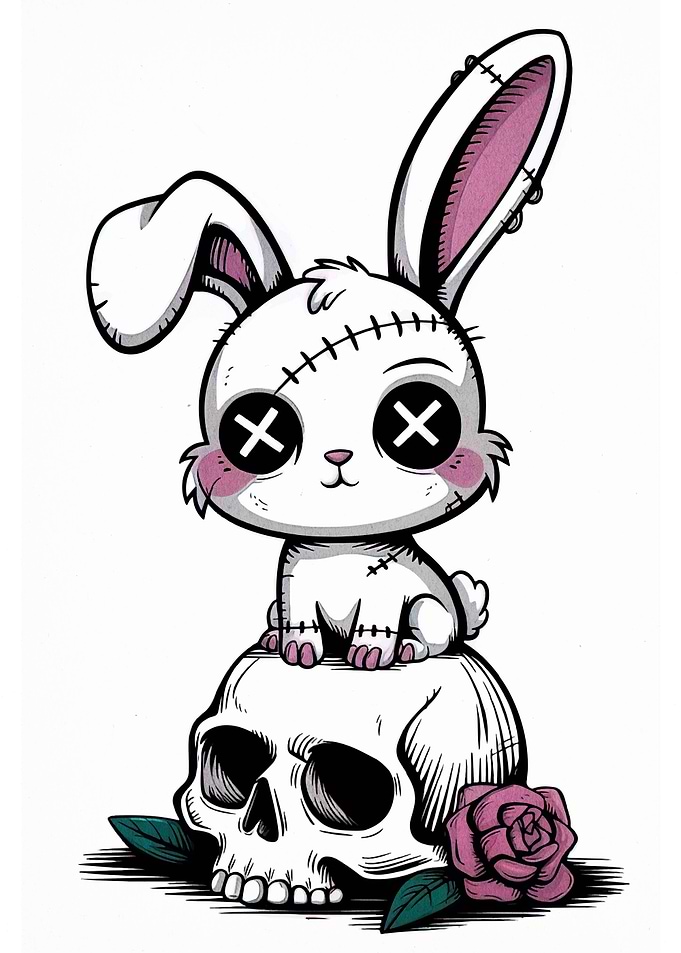 Creepy Cute Bunny on Skull