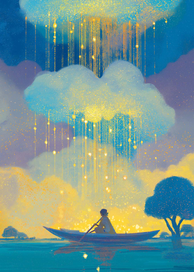 Dreamy Boat Ride Under Golden Rain